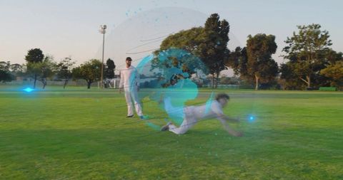 Cricket fielder diving to catch glowing ball with holographic globe and data overlay