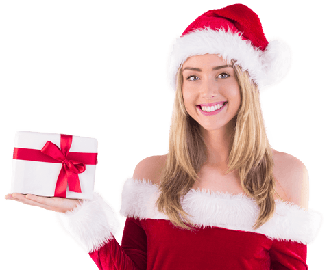 Transparent Smiling Santa Girl Holding Gift Box for Holiday Promotions
