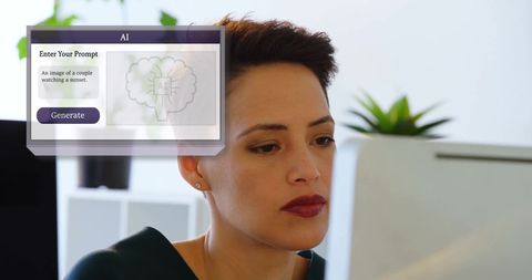 Woman testing ai image generation software on computer