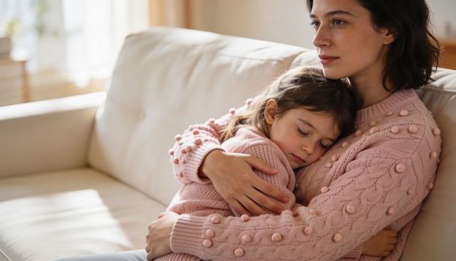 Cradling mother holding sleeping daughter on sofa in matching pink knit sweaters