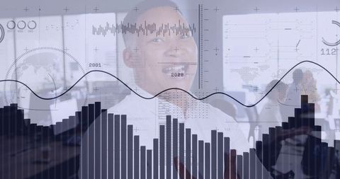 Smiling manager leading team, analyzing performance with chart and line graph overlay