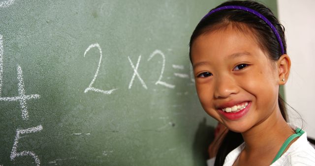 Asian schoolgirl standing in classroom smiling at camera, solving math problems on chalkboard. Image ideal for educational materials, school websites, academic promotion, math textbooks, and children's learning resources.