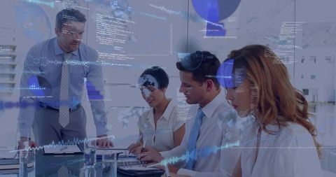Executive team collaborating on data analytics with digital overlays during strategy meeting