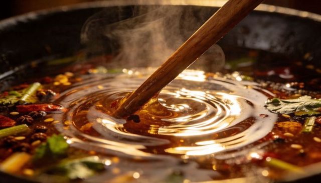 Wooden ladle stirring spicy sichuan broth with glossy chili oil swirl, closeup
