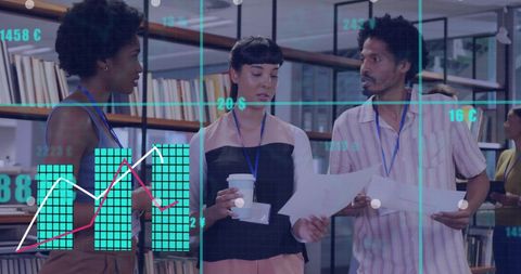 Diverse Team Analyzing Financial Data with Digital Overlay in Modern Office