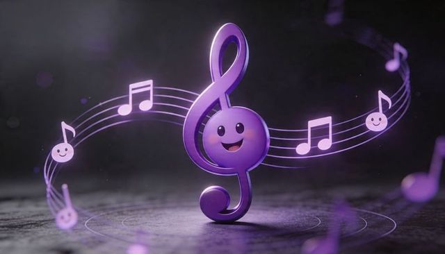 Glowing purple treble clef character with smiling musical notes orbiting in spotlight