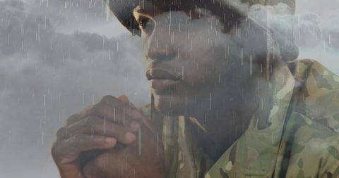 Reflective African American Soldier in Rain for Mental Health Awareness - Download Free Stock Images Pikwizard.com