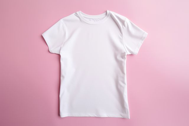 Perfect for showcasing apparel designs, this blank white t-shirt on a pink background is ideal for fashion stores, design mockups, and promotional applications. The minimalist and high-contrast setting emphasizes the garment, making it suitable for website banners, online stores, and marketing materials.