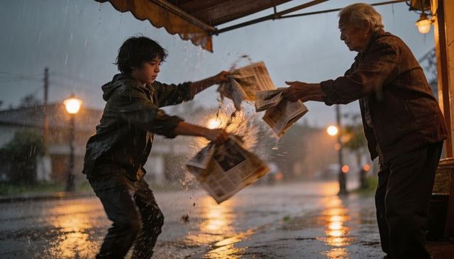 Boy and elderly man passing soaked newspapers under awning during rainy dusk exchange