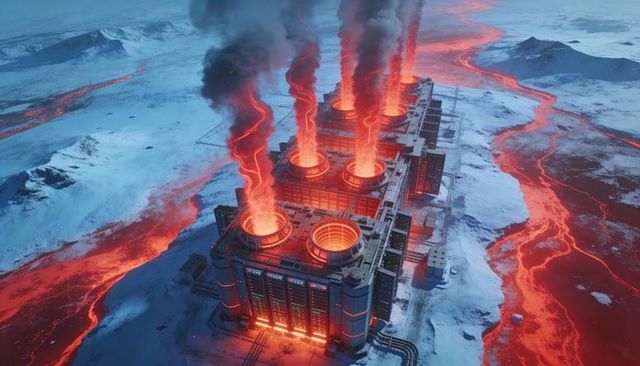 Arctic reactor complex spewing molten lava through open vats on icy snow plain futuristic