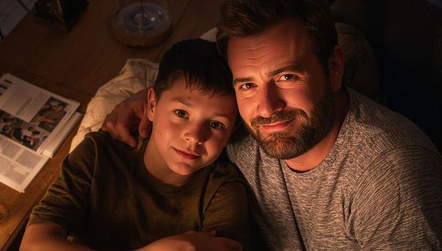 Father and son sharing warm evening embrace on couch by lamp light, cozy family bonding