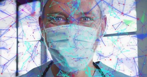 Doctor wearing surgical mask and blue scrubs with futuristic medical network overlay