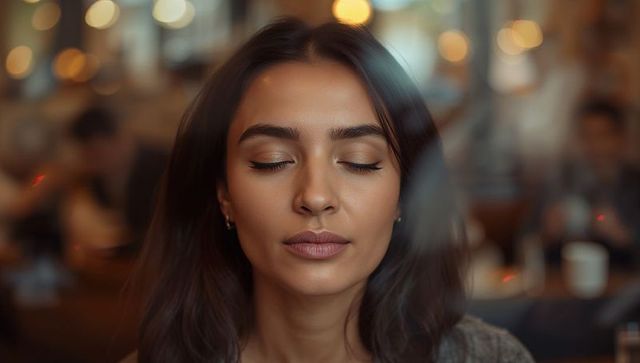 Woman closing eyes relaxing at cozy café amid warm bokeh lights and window reflection