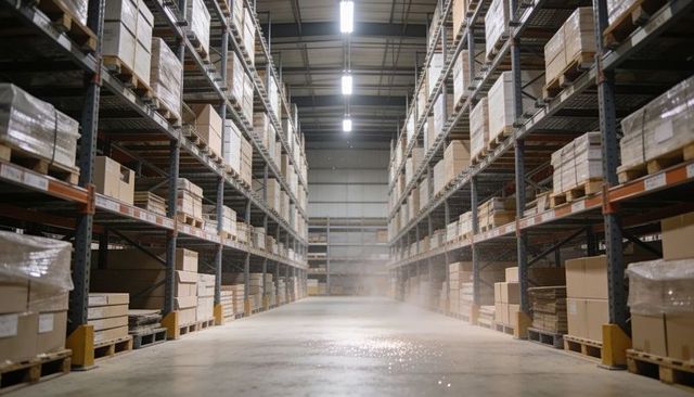 Symmetric warehouse aisle showing pallet racking and cardboard boxes for logistics