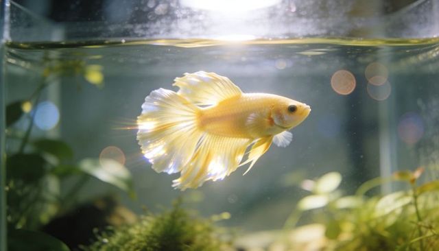 Golden betta fish swimming gracefully with flowing fins and soft backlit aquarium bokeh