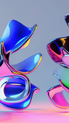 Vertical video: Rotating fluid-metal sculptures in pastel studio with neon reflections