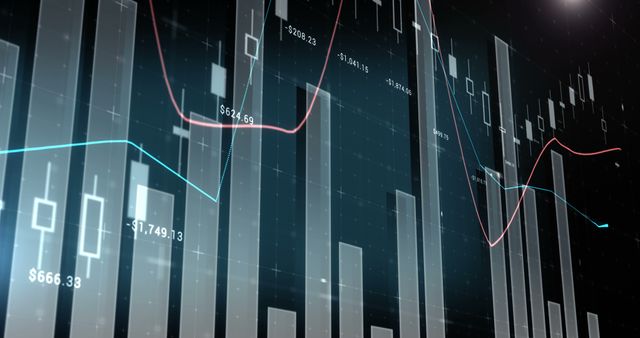 An abstract digital illustration displaying various financial graphs and stock market data with bars, lines, and price points. The scene shows fluctuating values and complex economic trends. Ideal for use in financial reports, presentations, websites, and articles related to finance, economics, trading, and investment strategies.
