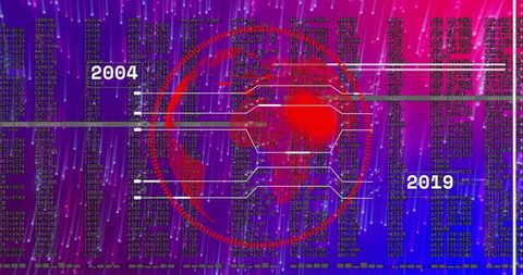 Futuristic neon cyberattack timeline connecting 2004 to 2019 with red globe data dashboard
