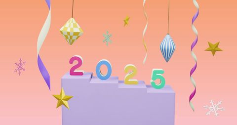 Colorful 2025 Celebration with Festive Ornaments