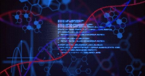 Glowing dna double helix crossing holographic code over molecular hexagon grid for genomics