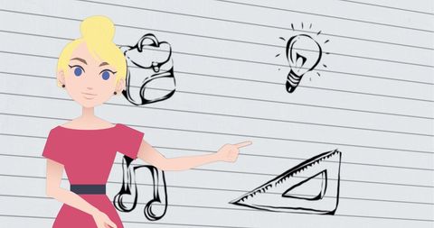 Woman Presenting Educational Objects with Iconic Drawings - Download Free Stock Images Pikwizard.com