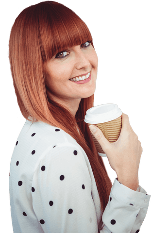 Smiling Woman Holding a Coffee Cup on Transparent Background