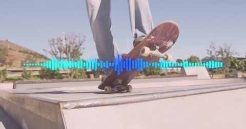 Balancing skateboarder mid-trick with sound wave overlay