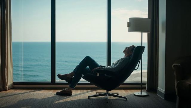 Man relaxing in swivel chair by ocean window, sunlit seascape horizon