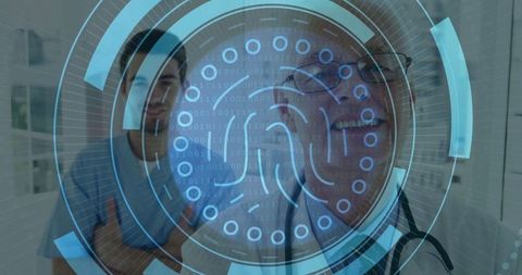 Futuristic fingerprint hologram in medical setting with doctor and patient