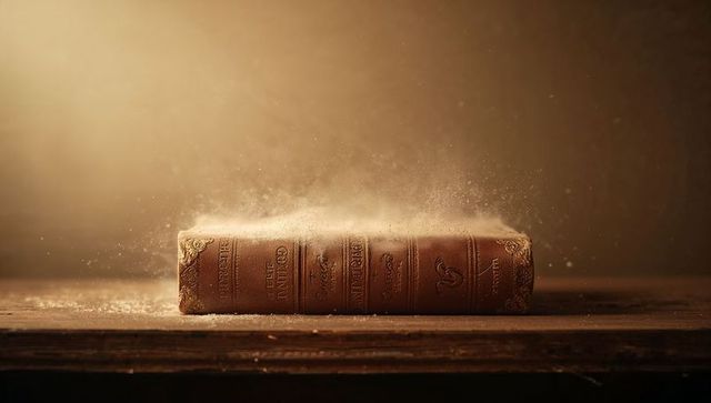 Antique leather tome releasing dust motes in warm side light on weathered wooden table