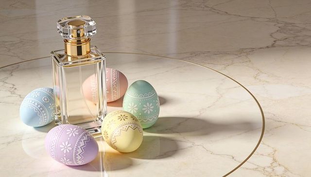 Glass perfume bottle with pastel decorated eggs on marble vanity and gold ring