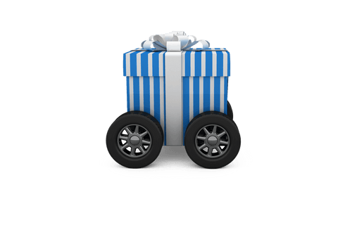 Present on Wheels with Striped Gift Box on Transparent Background