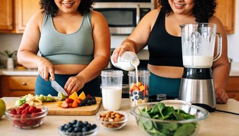 Preparing colorful fruit smoothies together by smiling women in sports bras and leggings