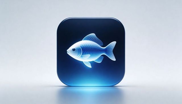 Luminous blue fish app icon glossy rounded square mockup for marine branding