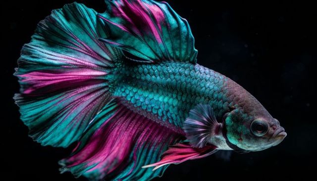 Iridescent betta splendens swimming with turquoise scales and magenta-teal flowing fins