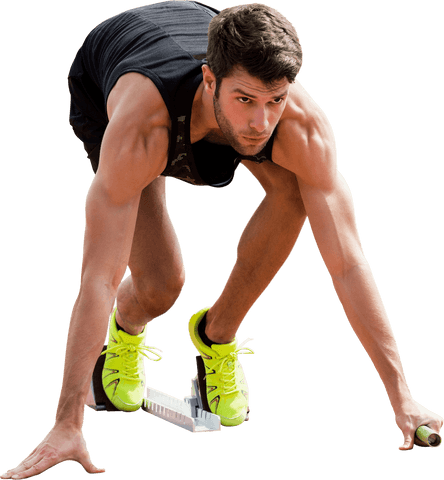 Energetic male runner in starting position on transparent background