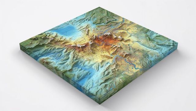 3d topographic relief panel showing elevation colors, rivers, gridlines and beveled edge