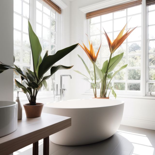 Elegant modern bathroom featuring large windows allowing ample natural light to flood the space. A sleek, white, freestanding bathtub takes center stage, complemented by lush indoor plants including birds of paradise and potted greenery. This inviting setting is ideal for home decor inspirations, modern living inspiration, or any content focused on interior design and wellness.