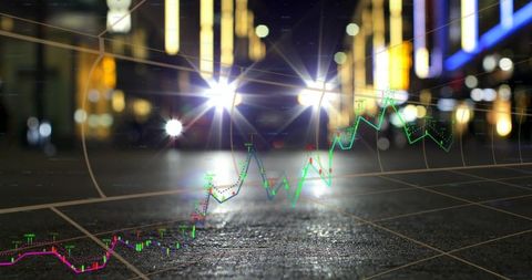Futuristic night street traffic with animated stock graph overlay