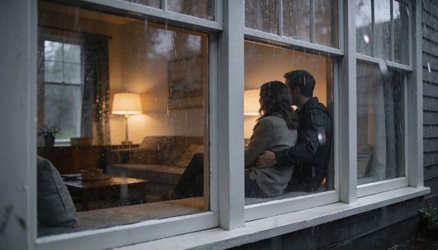 Couple cuddling by rain-splattered window, warm living room glow conveying cozy romance