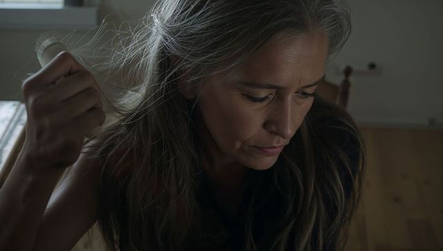 Mature woman brushing gray hair, contemplative close-up portrait in natural light at home
