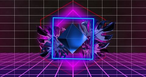 Futuristic neon geometric shape with glowing grid design