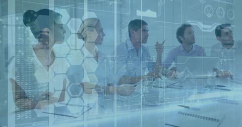 Team Analyzing Holographic Data in Modern Office