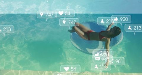 Woman Relaxing on Inflatable in Sunny Pool with Social Media Icons