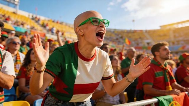 Cheering bald fan wearing green glasses celebrating in sunlit stadium crowd