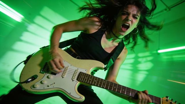 Female rock guitarist screaming while playing cream stratocaster under neon green stage lights