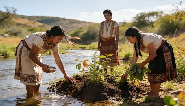 Indigenous people planting saplings at riverbank in traditional woven garments