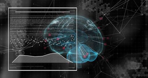 Rotating holographic brain interface visualizing neural data waveform and wireframe cortex