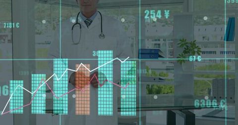 Physician viewing transparent healthcare data dashboard in modern clinic