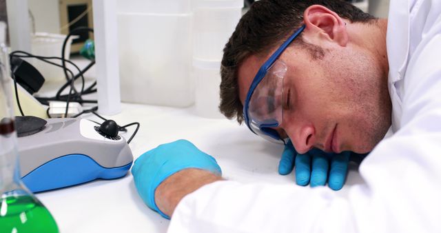 Exhausted Scientist Sleeping on Lab Desk in Laboratory - Download Free Stock Images Pikwizard.com